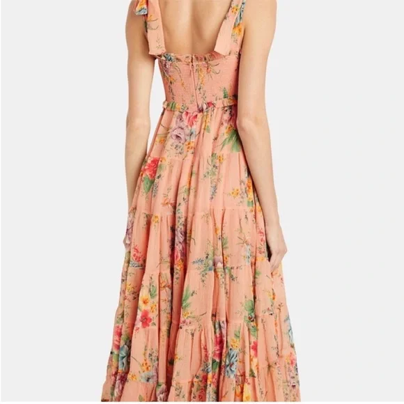 Zimmermann Zinnia Shirred Cotton-Silk Crepon Midi Dress in Coral Floral size 0 - Picture 6 of 14